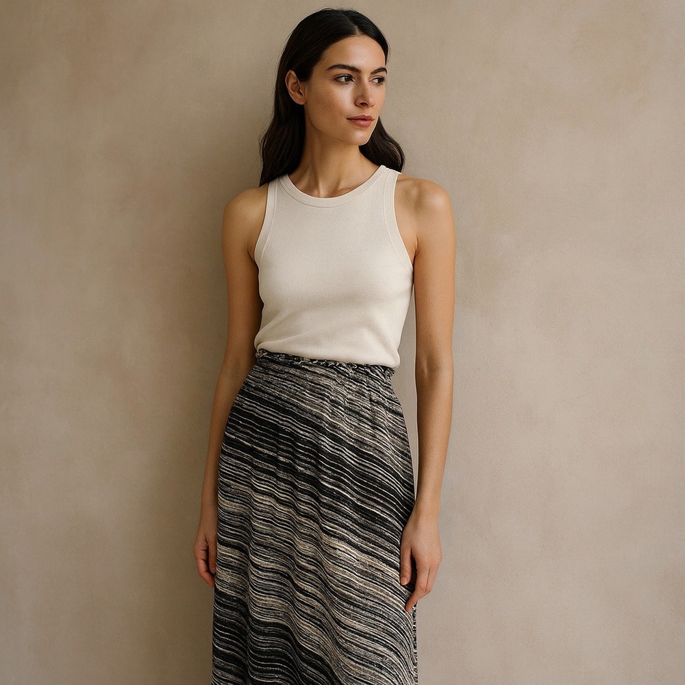 Donna Karan New York Black Striped Midi Skirt Size S Vintage Abstract Wave
